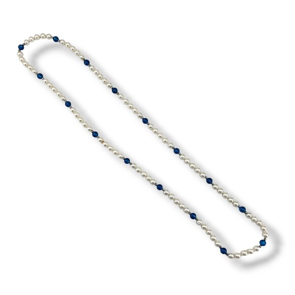 Vintage Hand Knotted Pearl Blue Lucite Gold Tone Satellite Bead Long Necklace - Picture 4 of 5